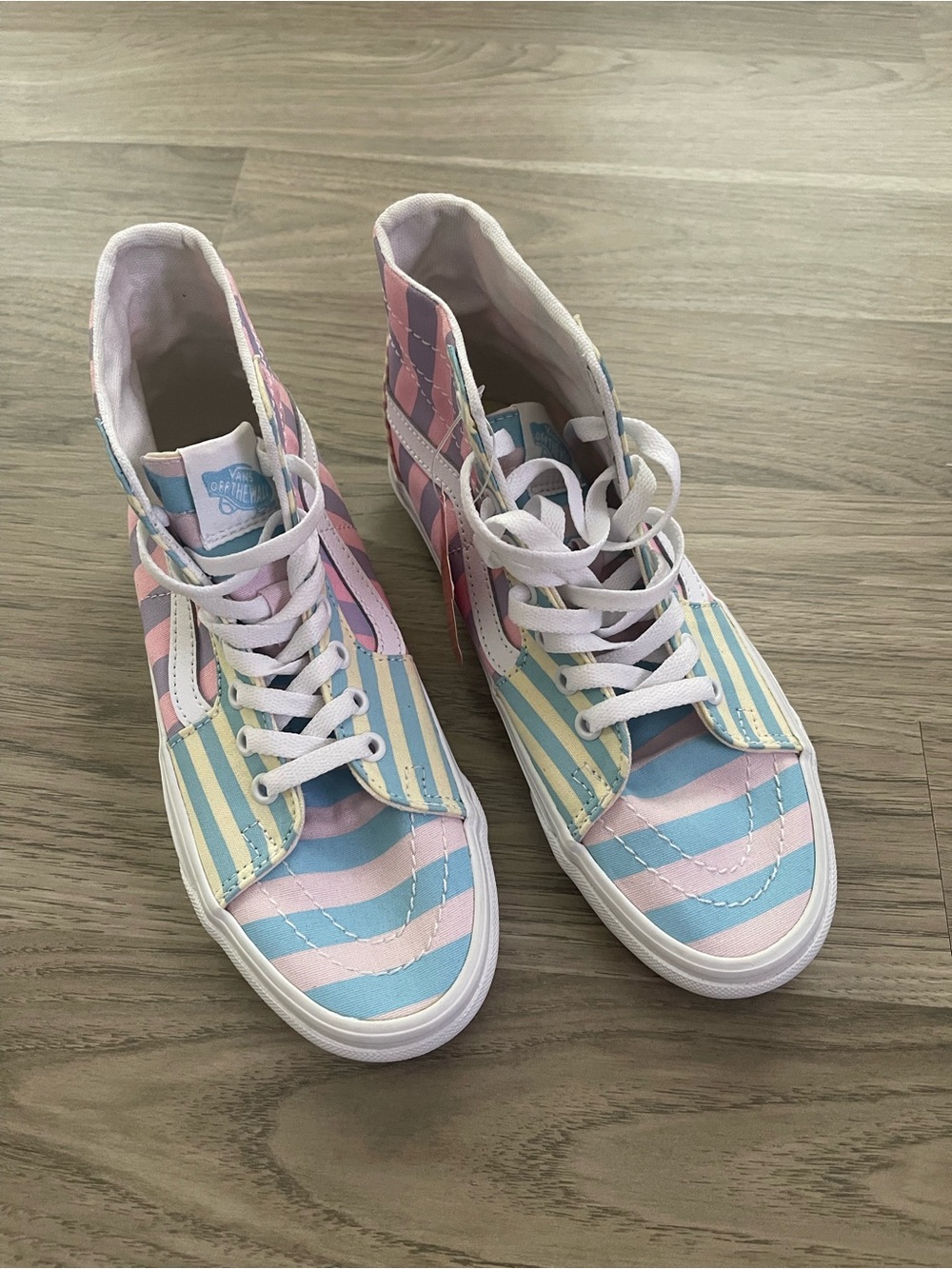 Vans Sk8-Hi Pastel Pink Blue Yellow Striped High-Top Skater Sneakers Women’s 7.5 - Picture 3 of 5